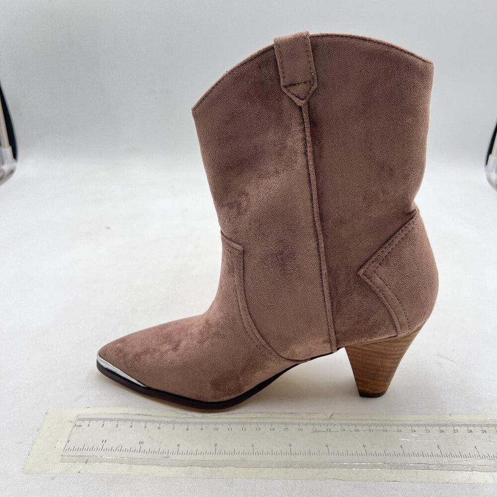 Nude Suede Western Cowboy Boots Metal Pointed Toe Stacked Block Heel Ankle Boots
